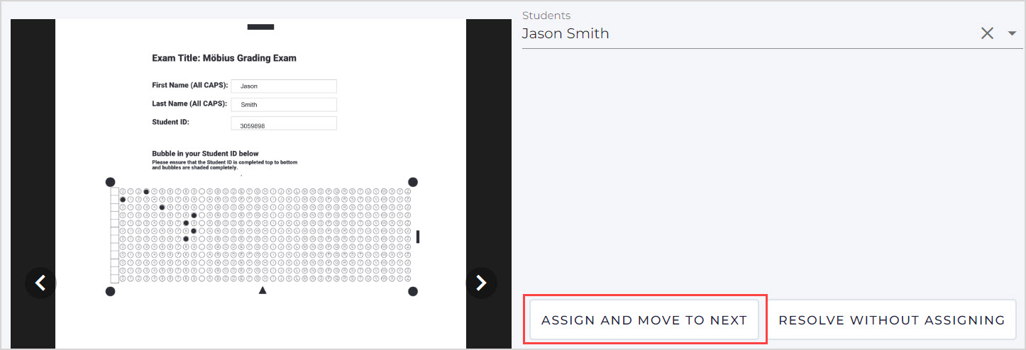 The Assign Exams window is shown. On the right of the page, Jason Smith has been selected in the Students dropdown menu, and underneath the Assign and move to next button is highlighted.